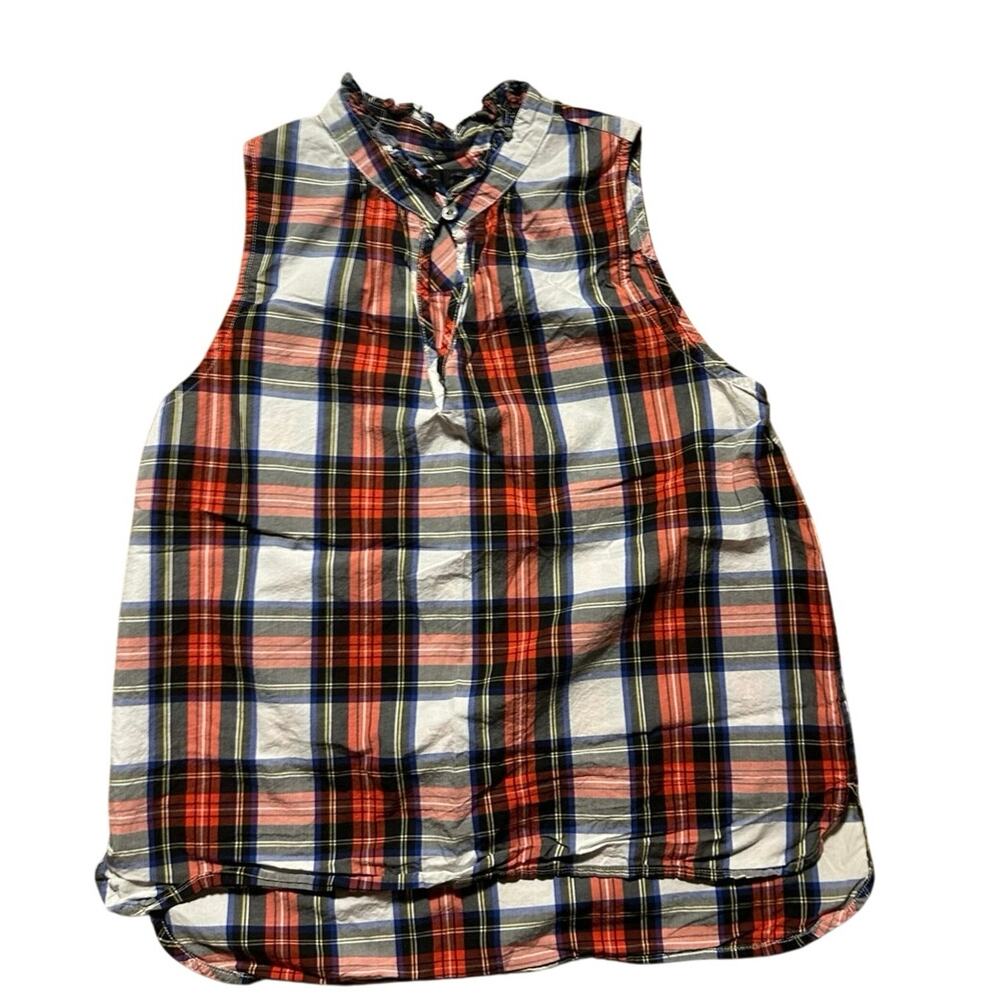 Vintage J. Crew Tartan Plaid 6 Ruffle Mock Neck Preppy Holiday Sleeveless Shirt